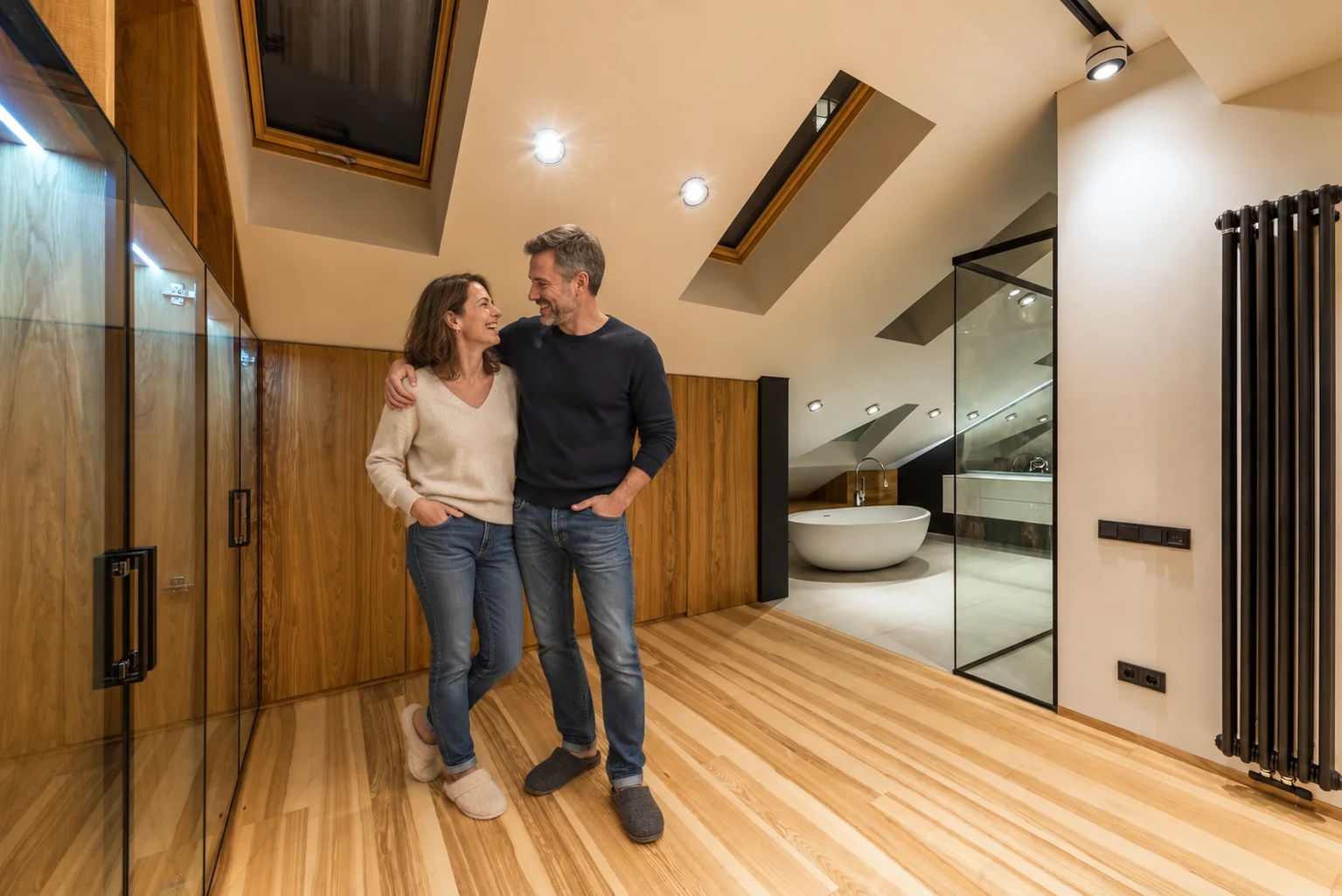 Lachendes Paar in einem Dachgeschossbad mit warmem Holz, Badewanne und Heizkörper