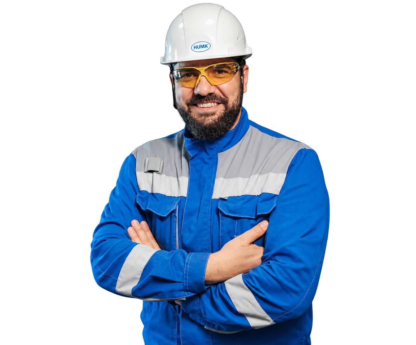Lächelnder Handwerker in blauer Arbeitskleidung – freigestelltes Symbolfoto
