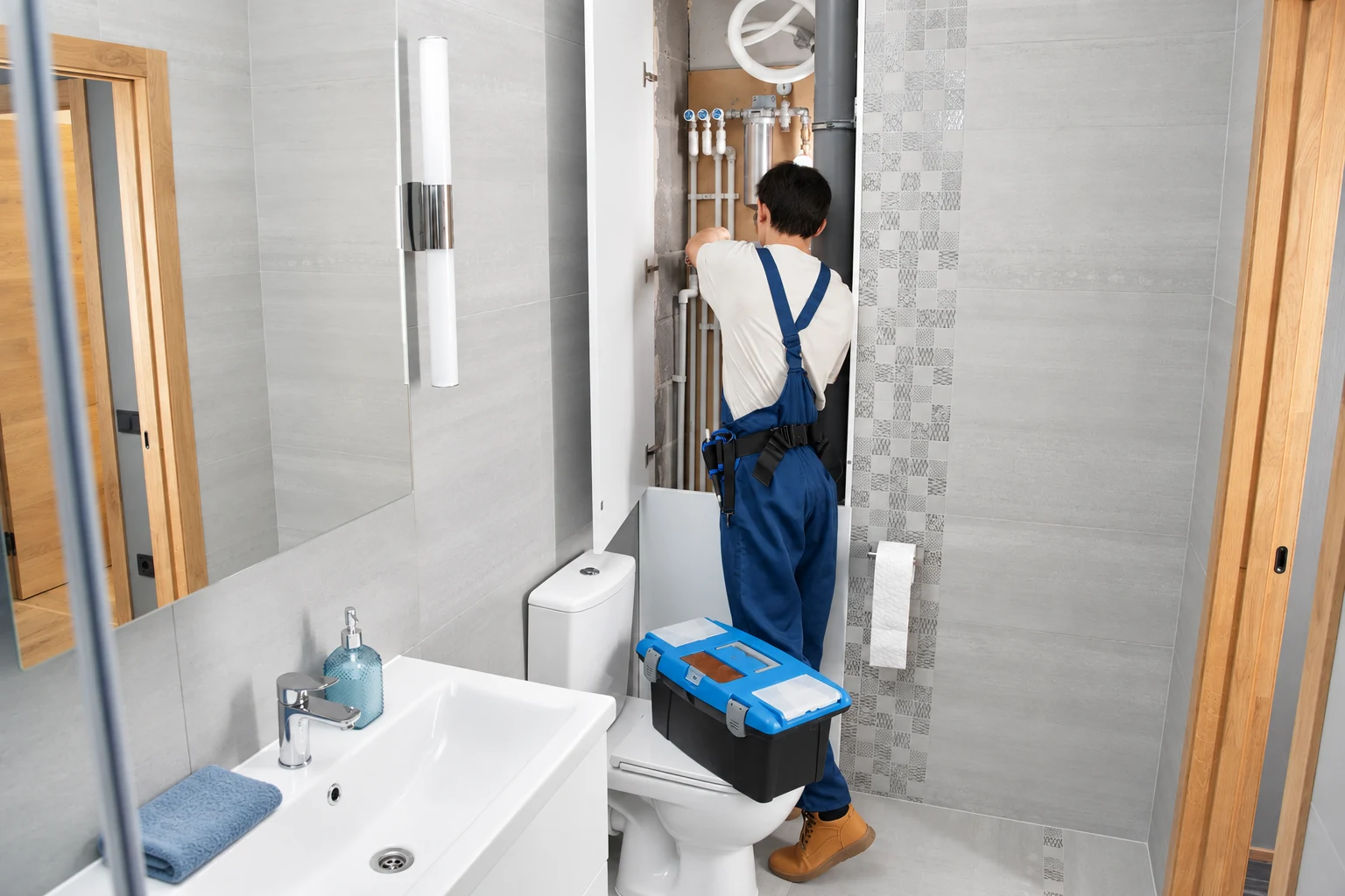 Installateur repariert Wasserleitungen in einem hellen Badezimmer – KI-bearbeitetes Symbolfoto